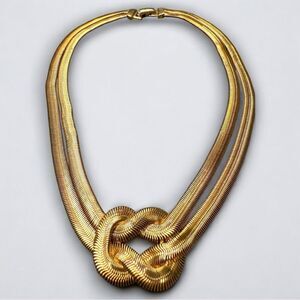 Chunky Gold Triple Strand Knot Necklace Vintage Statement Bold Elegant